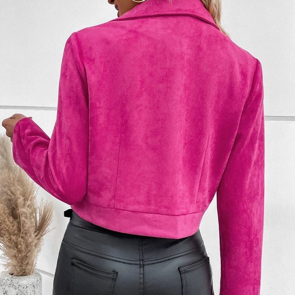 Hot pink Casual womens Zip Up Faux Suede Moto Jacket - Picture 2 of 5